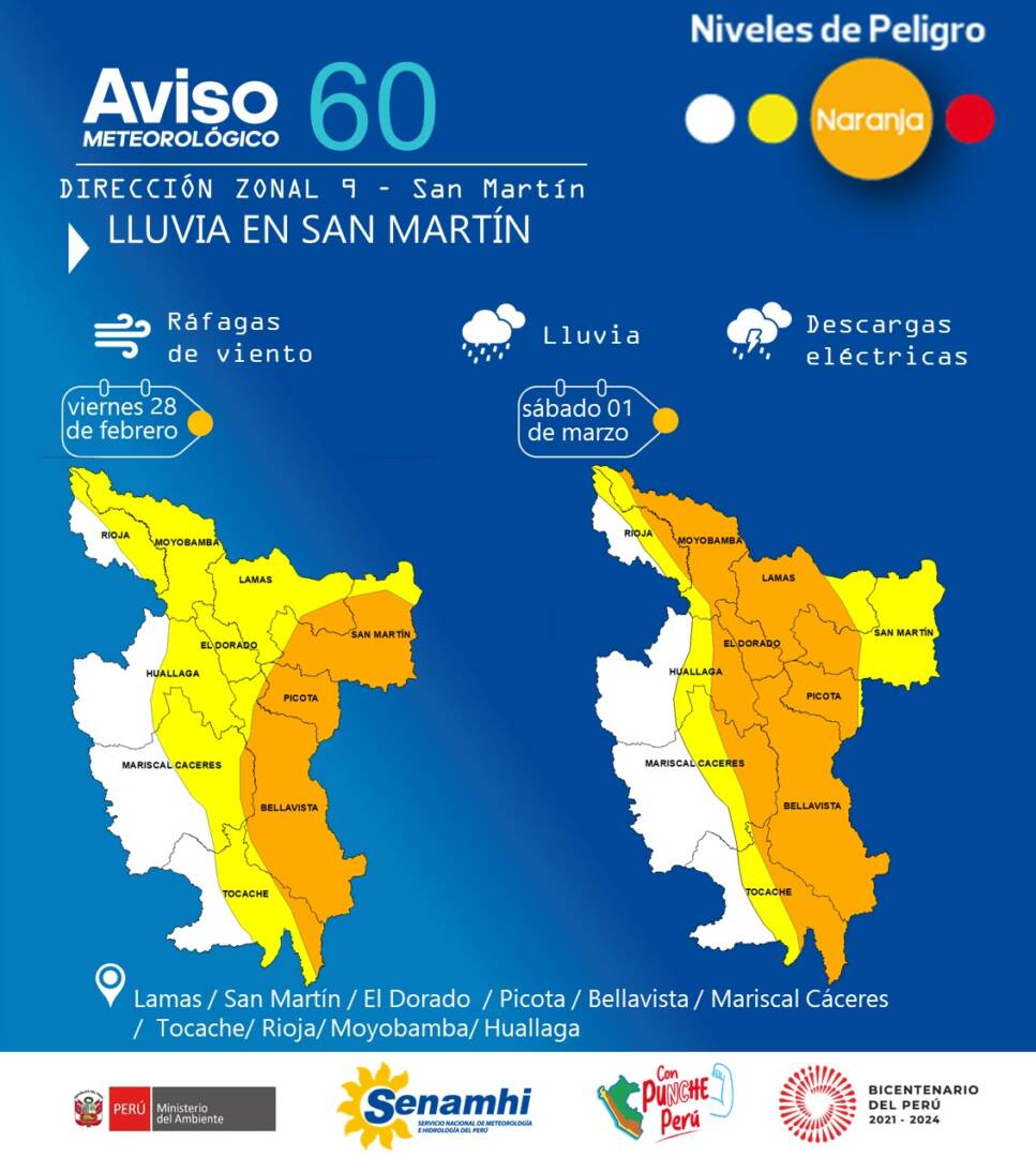 Alerta meteorológica en San Martín: Lluvias de moderada a fuerte intensidad.