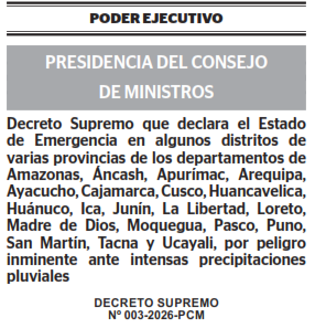 GOBIERNO NACIONAL DECLARA ESTADO DE EMERGENCIA EN DISTRITOS DE LA PROVINCIA DE EL DORADO POR INTENSAS PRECIPITACIONES PLUVIALES
